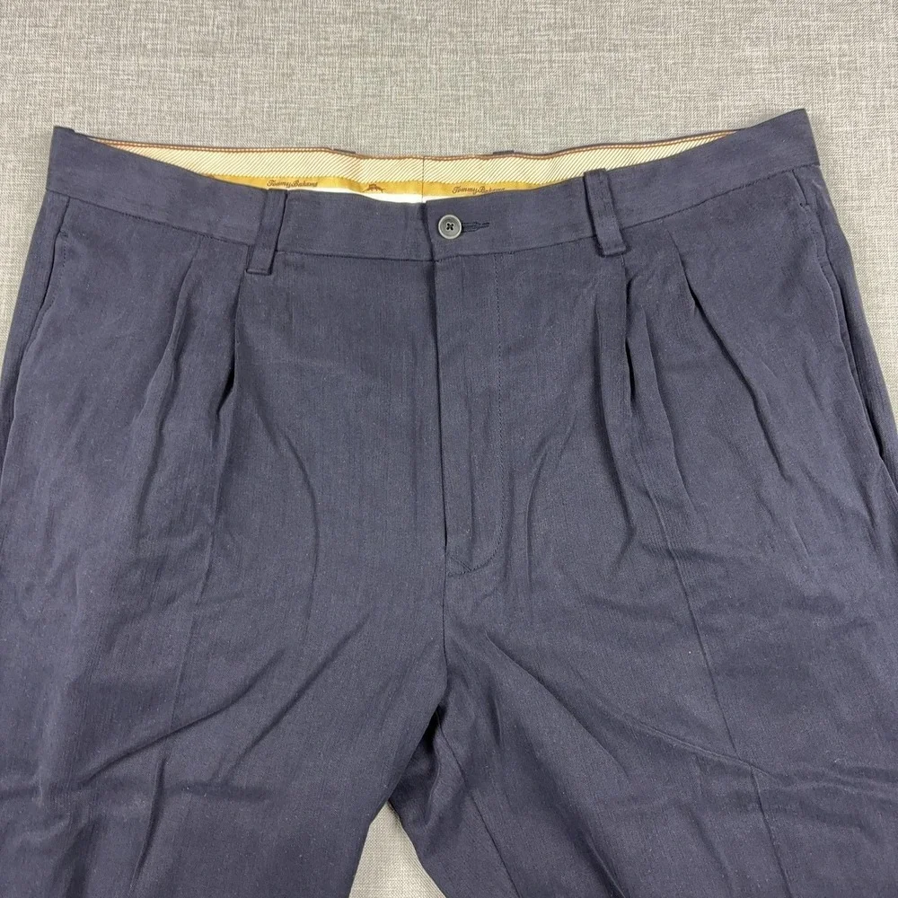 Tommy Bahama Pants Mens 38x30 Blue Silk Herringbone Pleated Dress Relaxed Summer